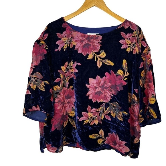 Coldwater Creek Blue Pink Velvet Floral Shirt Top Size XL Burnout - Picture 1 of 10
